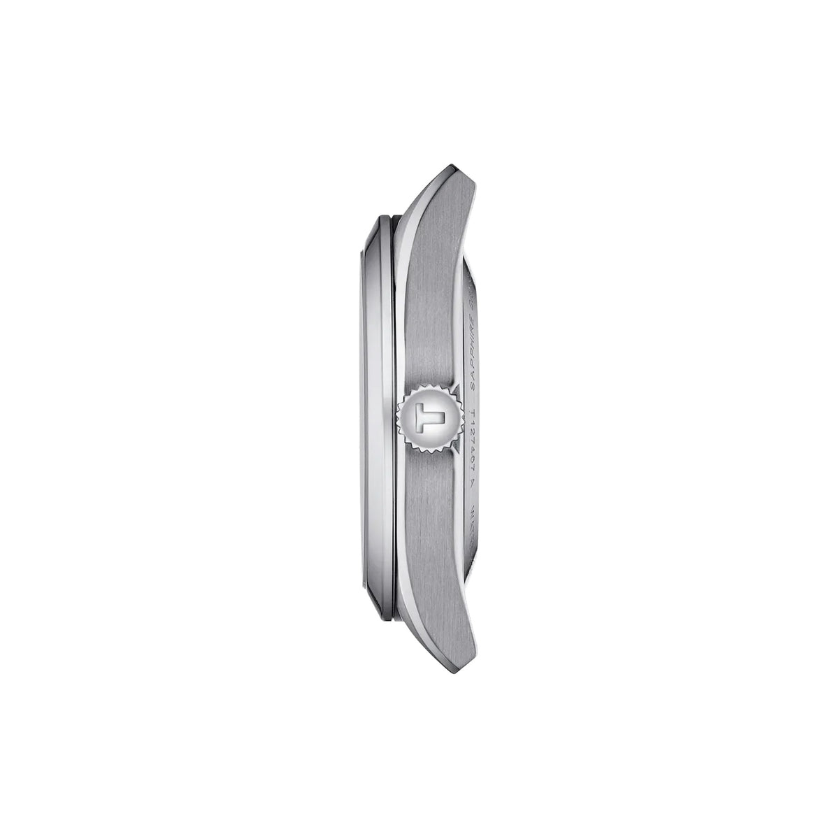 Tissot Gentleman 40mm T127.407.11.091.01 side profile – 316L stainless steel case, sapphire crystal with antireflective coating, see-through caseback profile, grey stainless steel bracelet