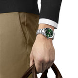 Tissot Gentleman 40mm T127.407.11.091.01 worn on wrist – green dial, silver stainless steel case and bracelet, refined 40mm classic automatic profile shown on wrist