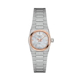 Tissot PRX 25mm T137.010.21.111.00 front view – white mother-of-pearl dial, yellow gold PVD stainless steel case, index hour markers, Super-LumiNova® hands, date window, grey stainless steel integrated bracelet