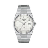 Tissot PRX Automatic 40mm T137.407.11.111.00 front view – white mother-of-pearl dial, silver 316L stainless steel case, index hour markers, Super-LumiNova® hands, date window, integrated grey stainless steel bracelet