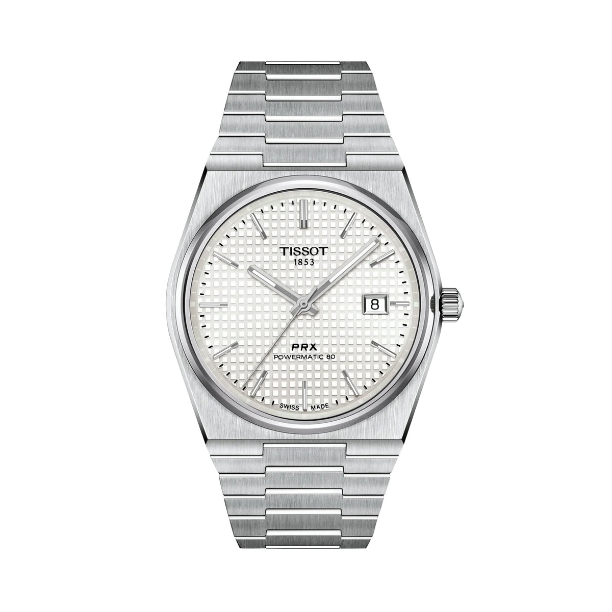 Tissot PRX Automatic 40mm T137.407.11.111.00 front view – white mother-of-pearl dial, silver 316L stainless steel case, index hour markers, Super-LumiNova® hands, date window, integrated grey stainless steel bracelet