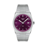 Tissot PRX 40mm T137.410.11.401.00 front view – purple dial, silver 316L stainless steel case, index hour markers, Super-LumiNova® hands, date window, integrated grey stainless steel bracelet