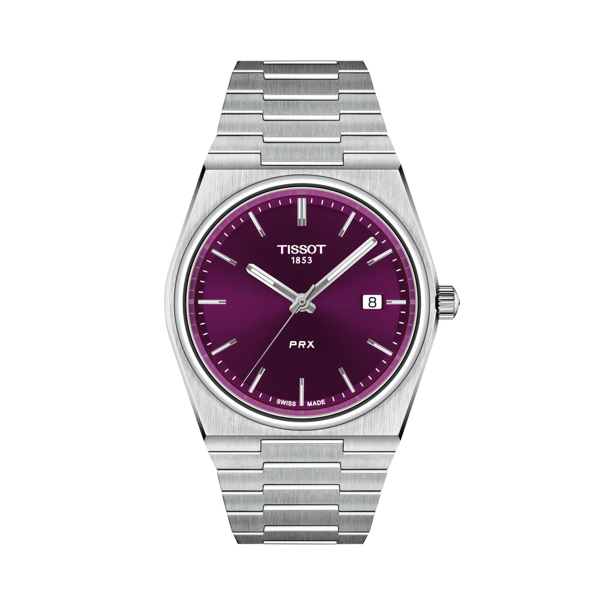 Tissot PRX 40mm T137.410.11.401.00 front view – purple dial, silver 316L stainless steel case, index hour markers, Super-LumiNova® hands, date window, integrated grey stainless steel bracelet