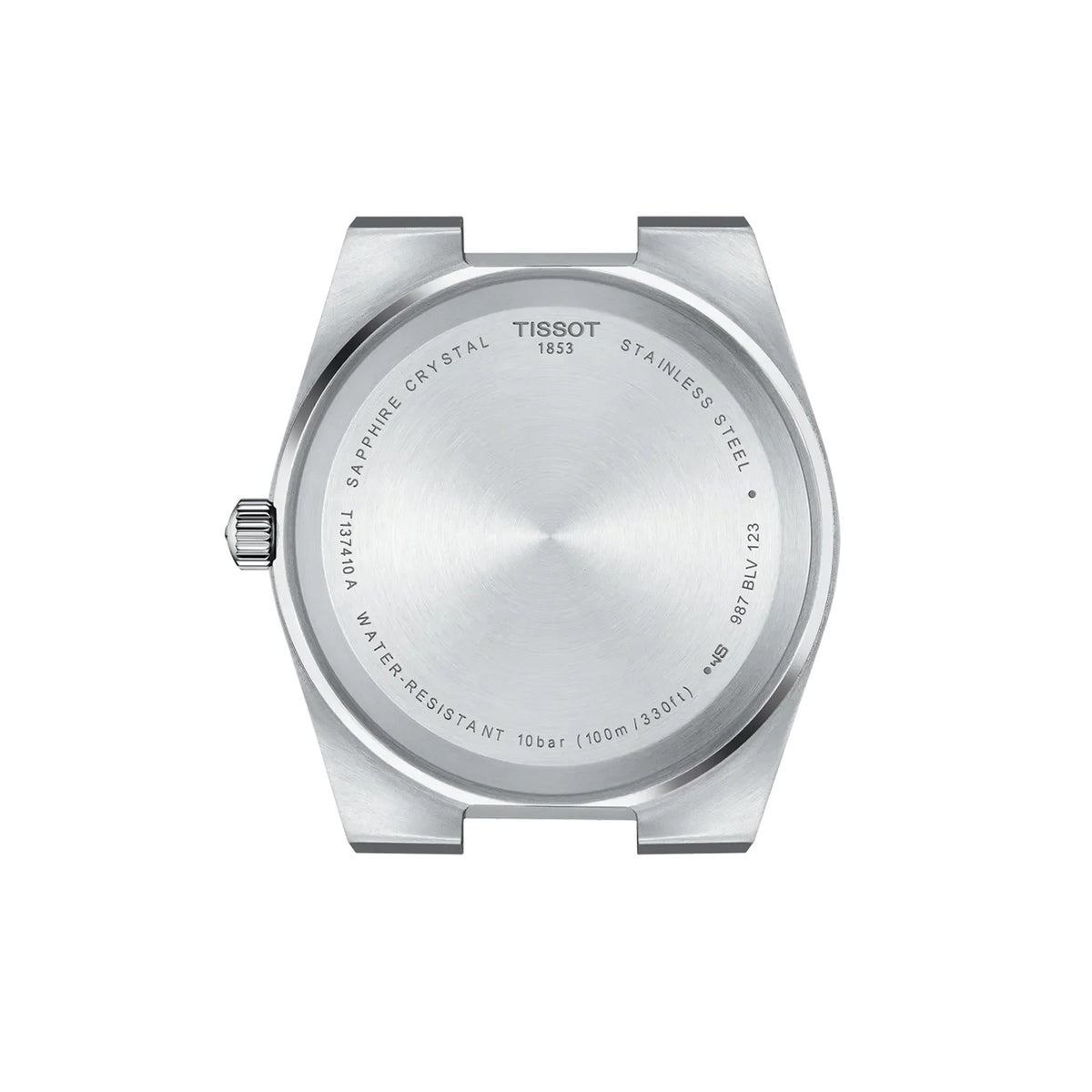 Tissot PRX 40mm T137.410.11.401.00 caseback view – 316L stainless steel, Swiss made, water resistant to 100m, model reference T137.410.11.401.00