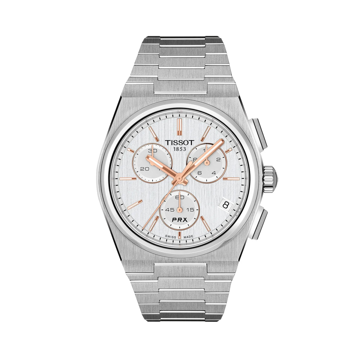 Tissot PRX Chronograph 41mm T137.417.11.031.00 front view – silver dial, 316L stainless steel case, index hour markers, needle-shaped Super-LumiNova® hands, chronograph subdials, date window, integrated stainless steel bracelet