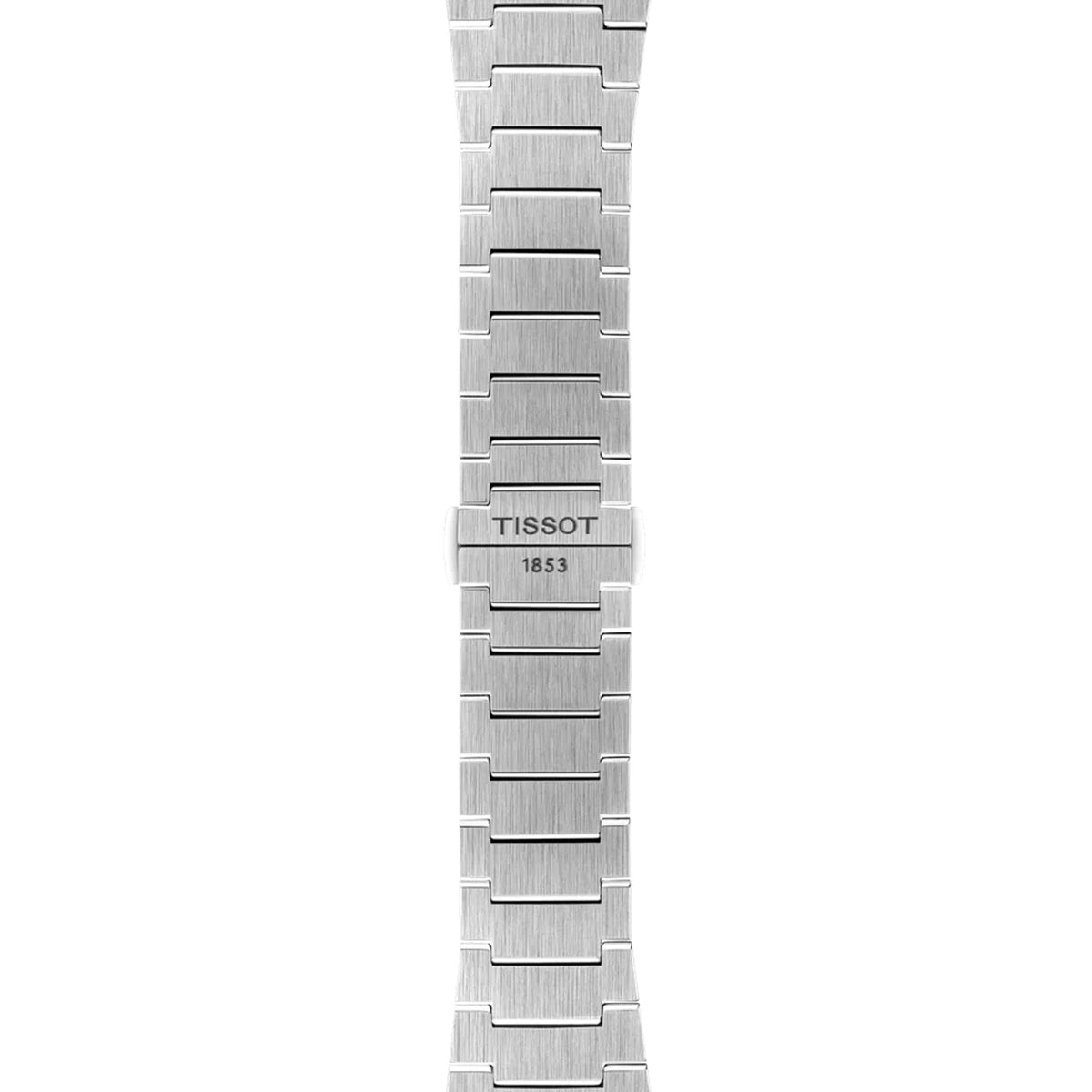 Tissot PRX Chronograph 41mm T137.417.11.031.00 bracelet detail – integrated silver stainless steel bracelet with butterfly clasp, push-button safety and interchangeable quick-release system