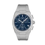 Tissot PRX Chronograph 41mm T137.417.11.041.00 front view – blue dial, 316L stainless steel case, index hour markers, needle-shaped Super-LumiNova® hands, chronograph subdials, white date window, integrated stainless steel bracelet