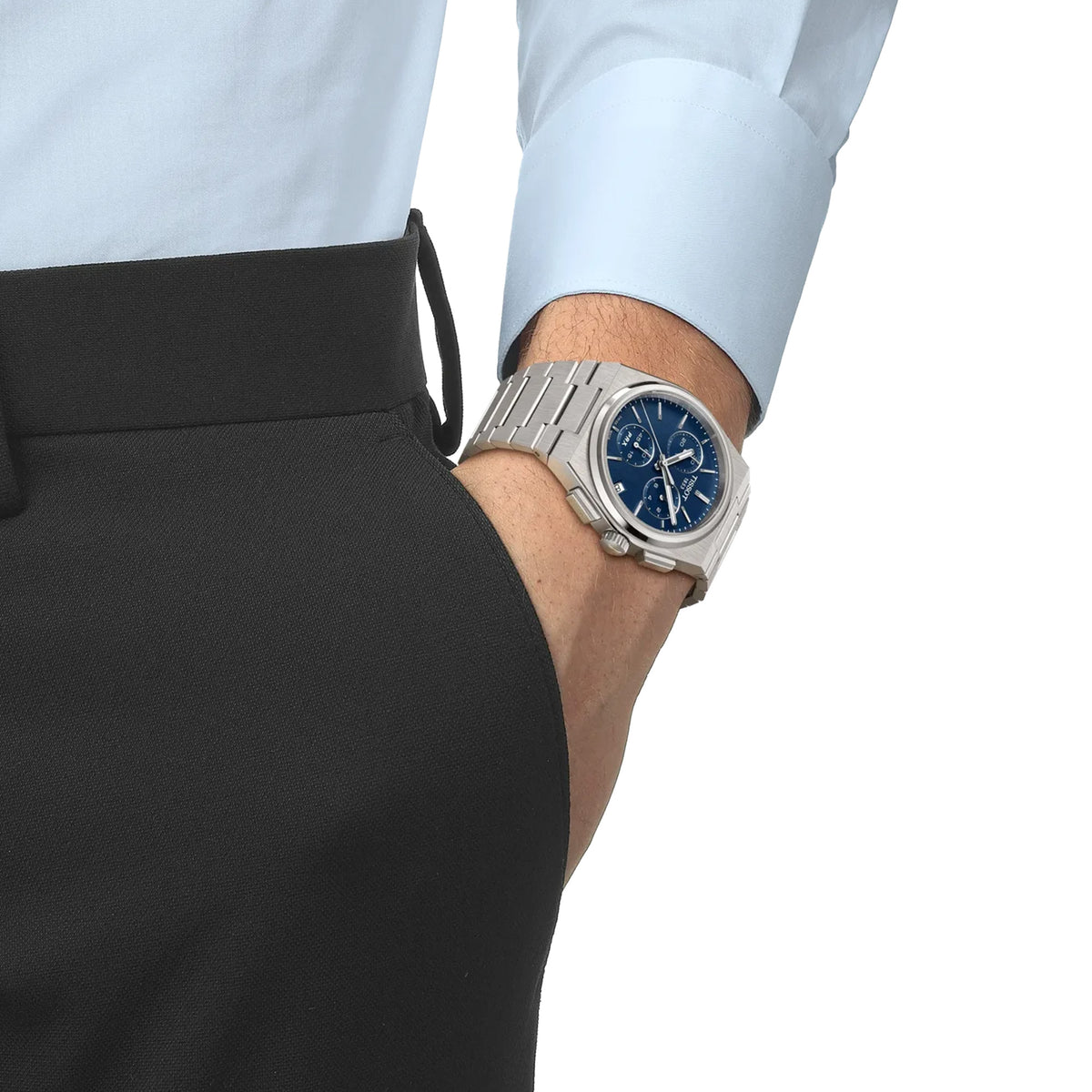 Tissot PRX Chronograph 41mm T137.417.11.041.00 worn on wrist – blue chronograph dial, integrated stainless steel case and bracelet, slim 70s-inspired profile shown on wrist