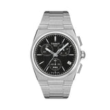 Tissot PRX Chronograph 41mm T137.417.11.051.00 front view – black dial, 316L stainless steel case, index hour markers, needle-shaped Super-LumiNova® hands, chronograph subdials, white date window, integrated stainless steel bracelet