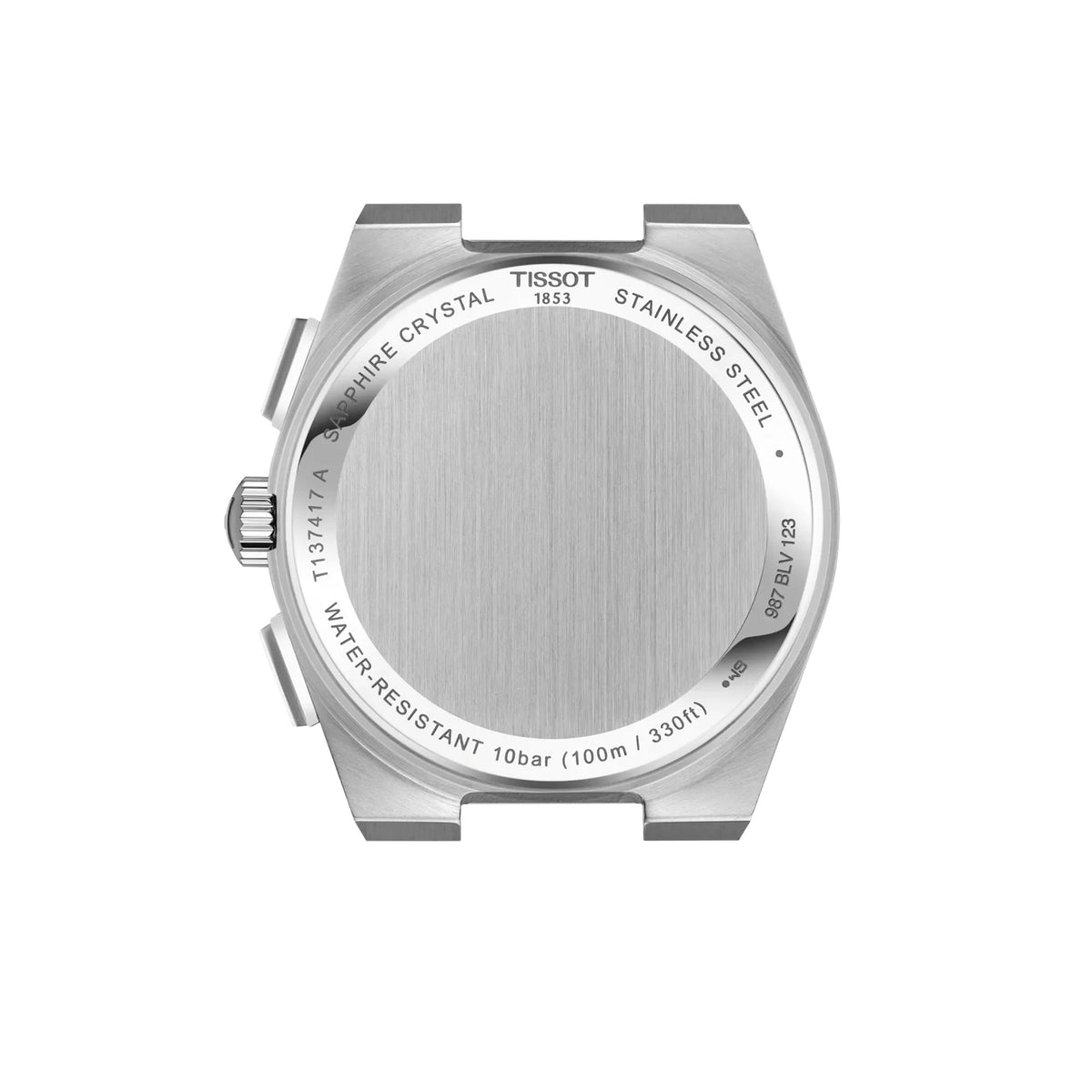 Tissot PRX Chronograph 41mm T137.417.11.051.00 caseback view – 316L stainless steel, Swiss made, water resistant to 100m, model reference T137.417.11.051.00
