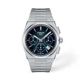 Tissot PRX Automatic Chronograph 42mm T137.427.11.041.01 front view – blue gradient dial, 316L stainless steel case, chronograph subdials, white date window, Super-LumiNova® hands, integrated steel bracelet