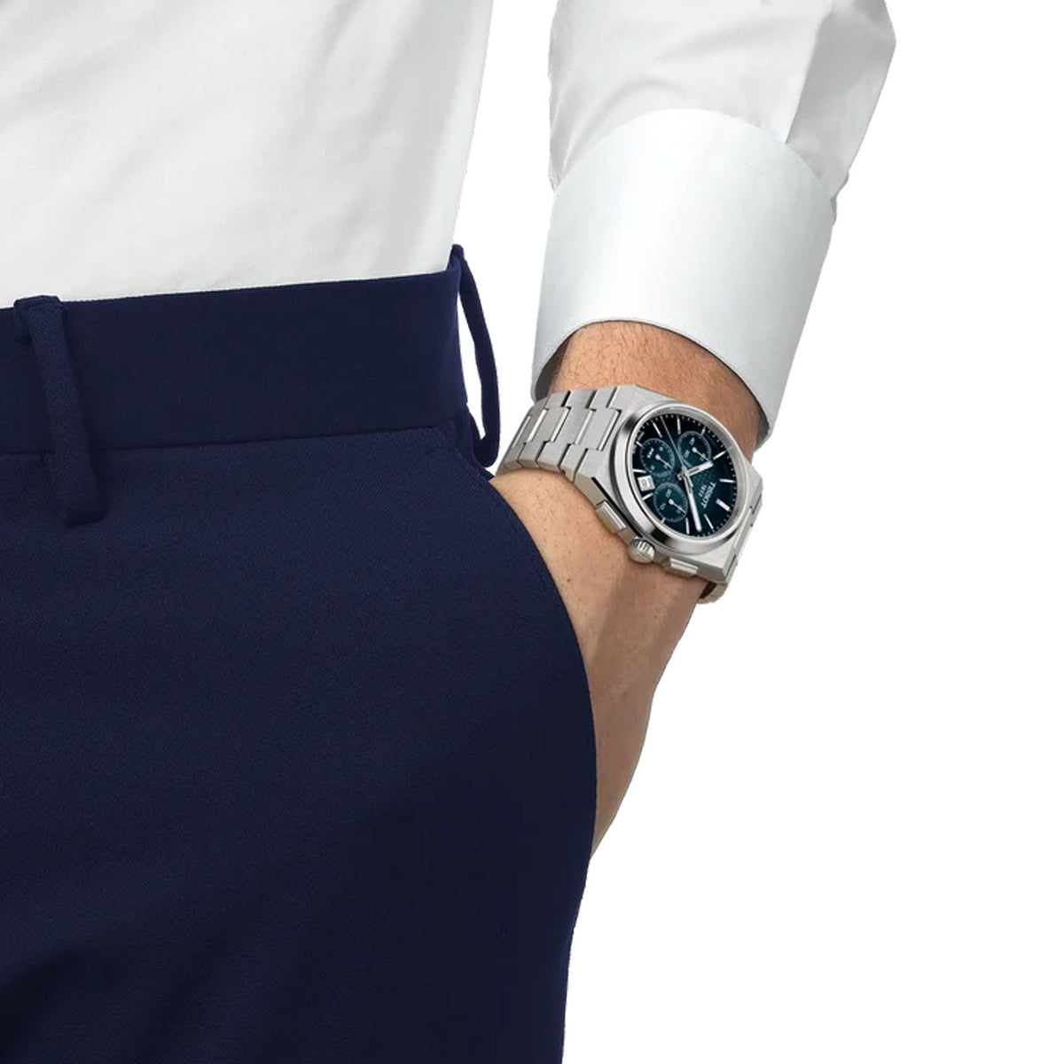 Tissot PRX Automatic Chronograph 42mm T137.427.11.041.01 worn on wrist – blue gradient chronograph dial, stainless steel case and integrated bracelet, bold 42mm 70s-inspired automatic chronograph shown on wrist
