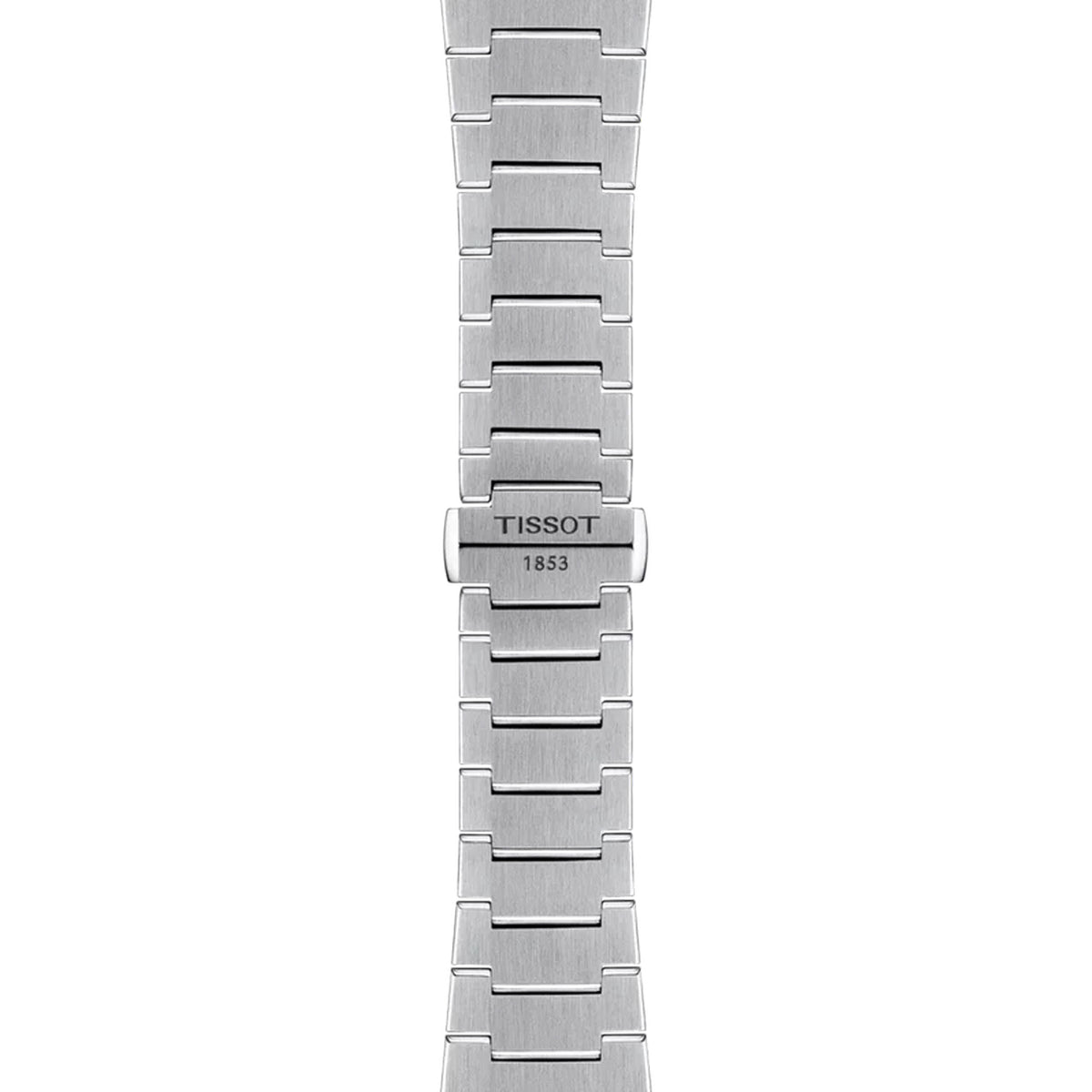Tissot PRX Automatic Chronograph 42mm T137.427.11.041.01 bracelet detail – 316L stainless steel integrated bracelet with butterfly clasp, push-buttons and interchangeable quick-release system