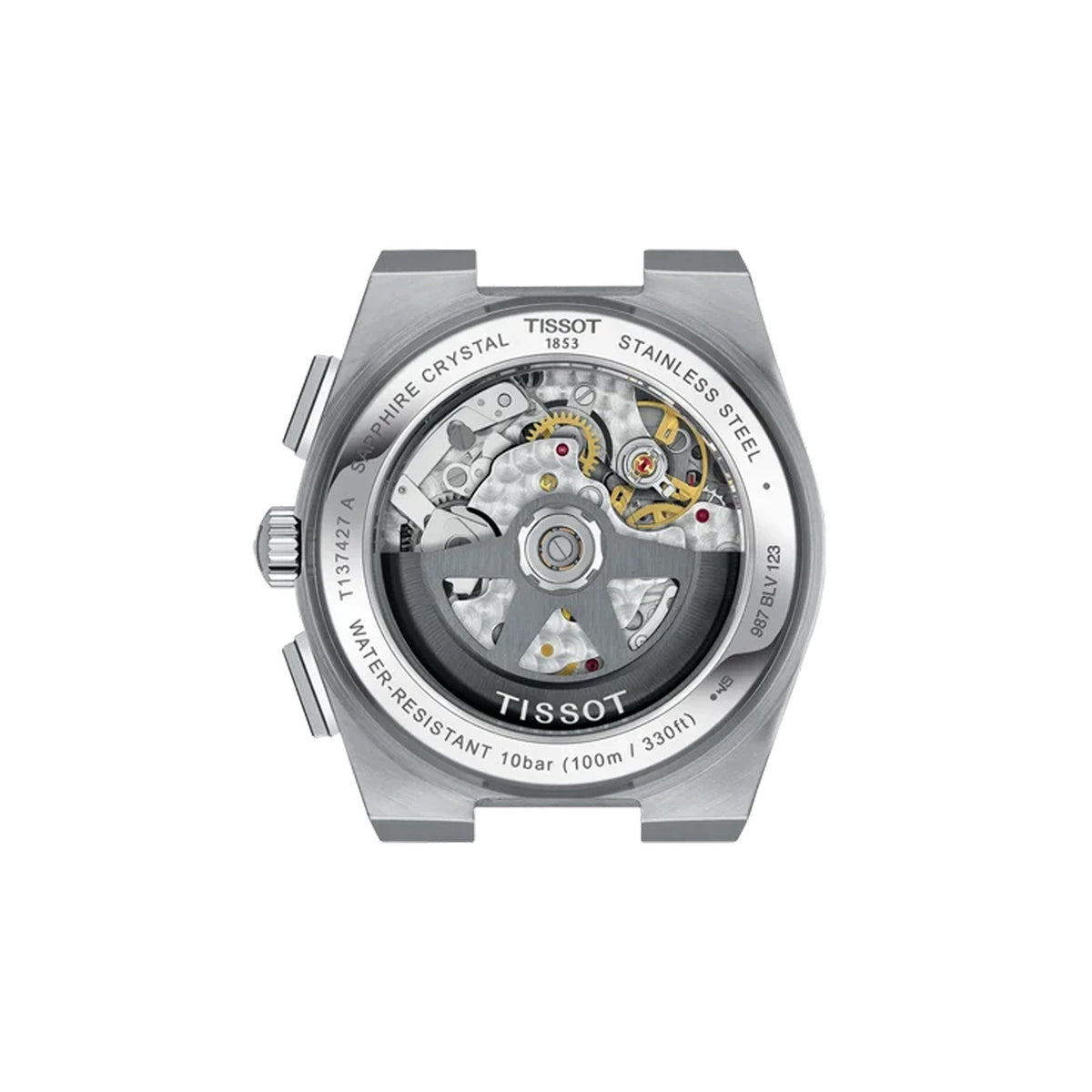 Tissot PRX Automatic Chronograph 42mm T137.427.11.041.01 see-through caseback – Swiss automatic chronograph movement with Nivachron balance spring visible, 316L stainless steel, Swiss made