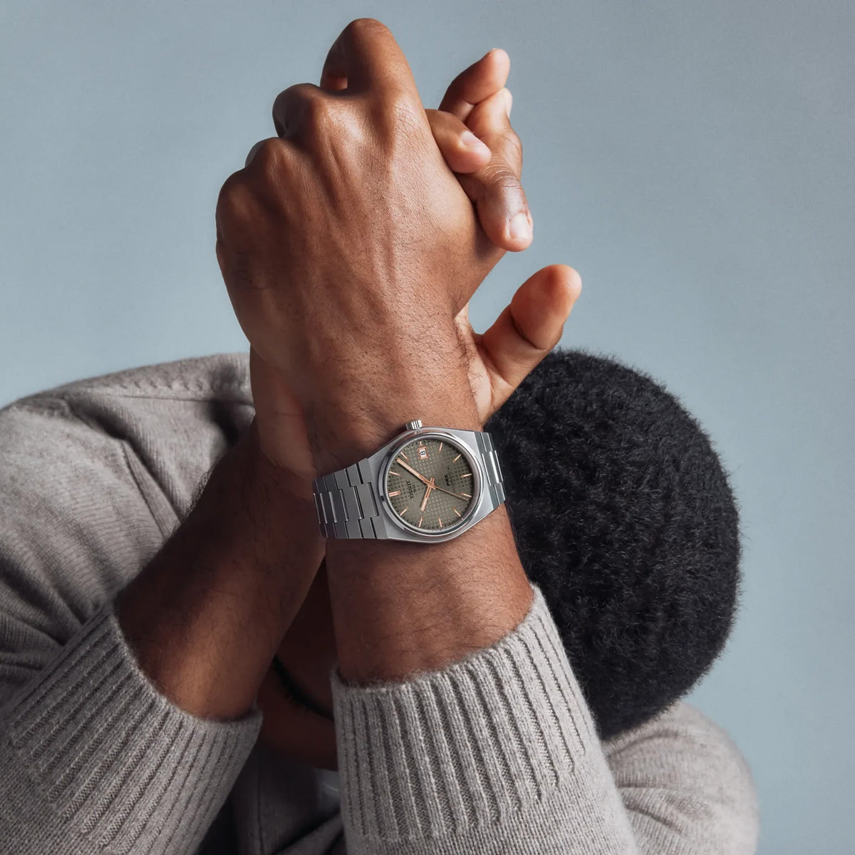 Tissot PRX Titanium 38mm T137.807.44.061.00 bracelet detail – grey hypoallergenic titanium integrated bracelet with butterfly clasp, push-button safety and interchangeable quick-release system