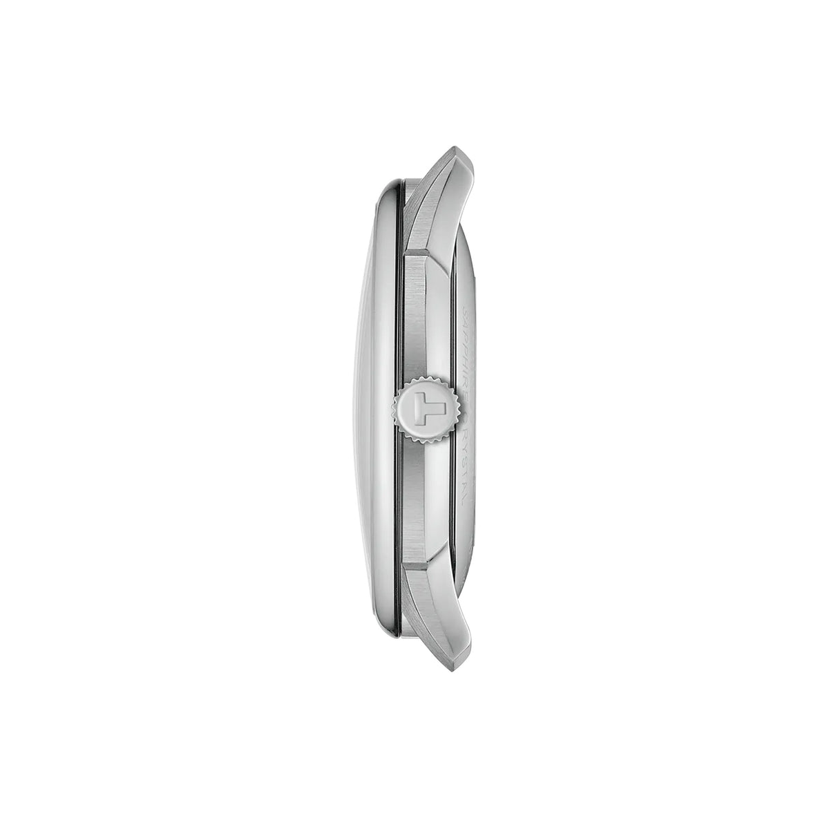 Tissot Chemin des Tourelles 42mm T139.407.16.041.00 side profile – silver stainless steel case with domed sapphire crystal, antireflective coating, slim elegant profile.