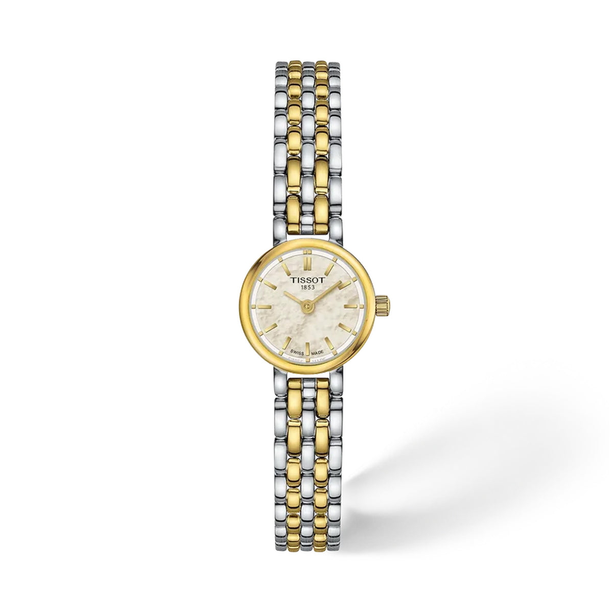 Tissot Lovely Round 19.5mm T140.009.22.111.00 front view – white mother-of-pearl dial, bicolour yellow gold PVD stainless steel case, faceted sapphire crystal, slim stainless steel bracelet