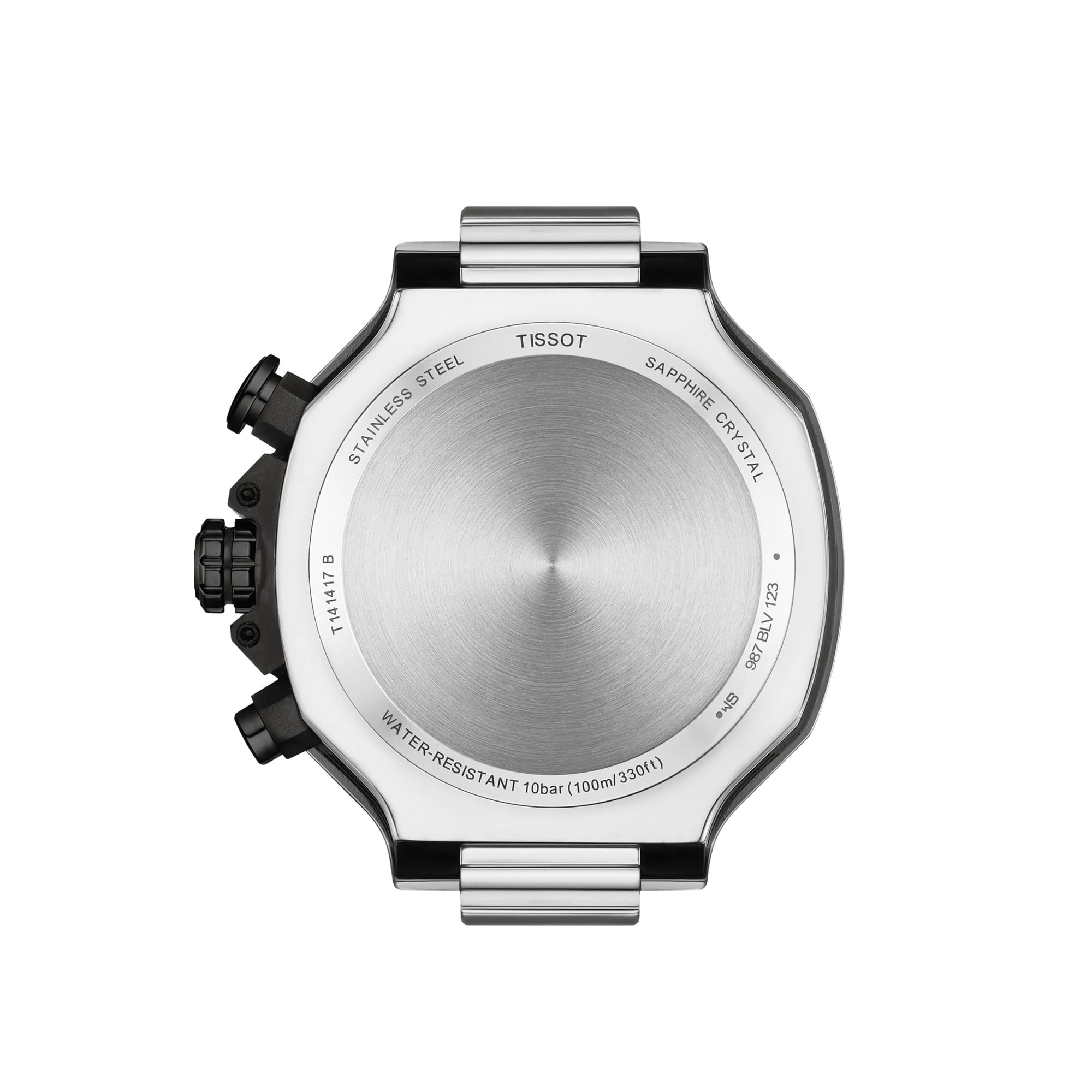 Tissot T-Race 45mm T141.417.27.041.00 caseback view – 316L stainless steel with black PVD coating, Swiss made, water resistant to 100m, model reference T141.417.27.041.00