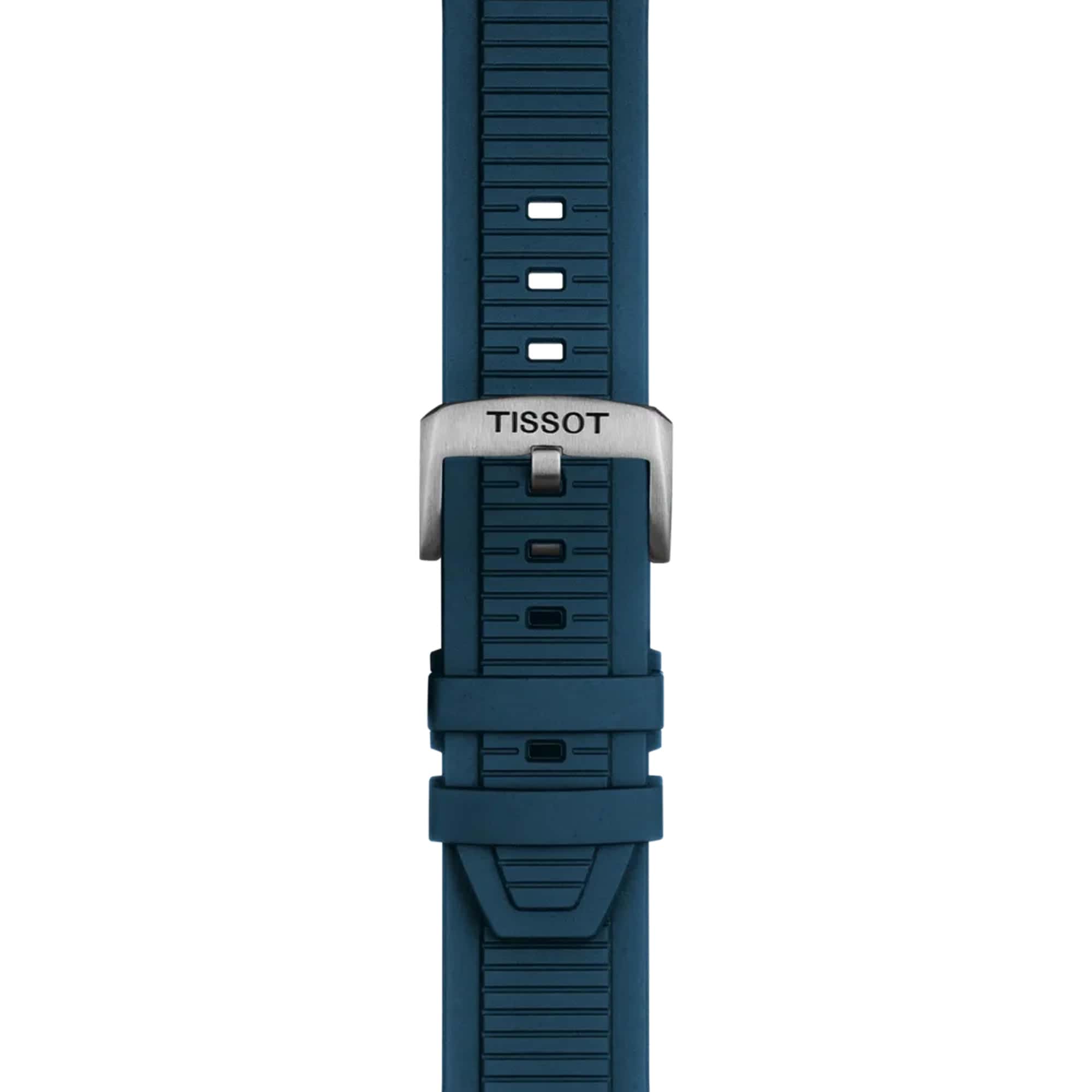 Tissot T-Race 45mm T141.417.27.041.00 strap detail – blue silicone strap with standard buckle and sport-inspired texture