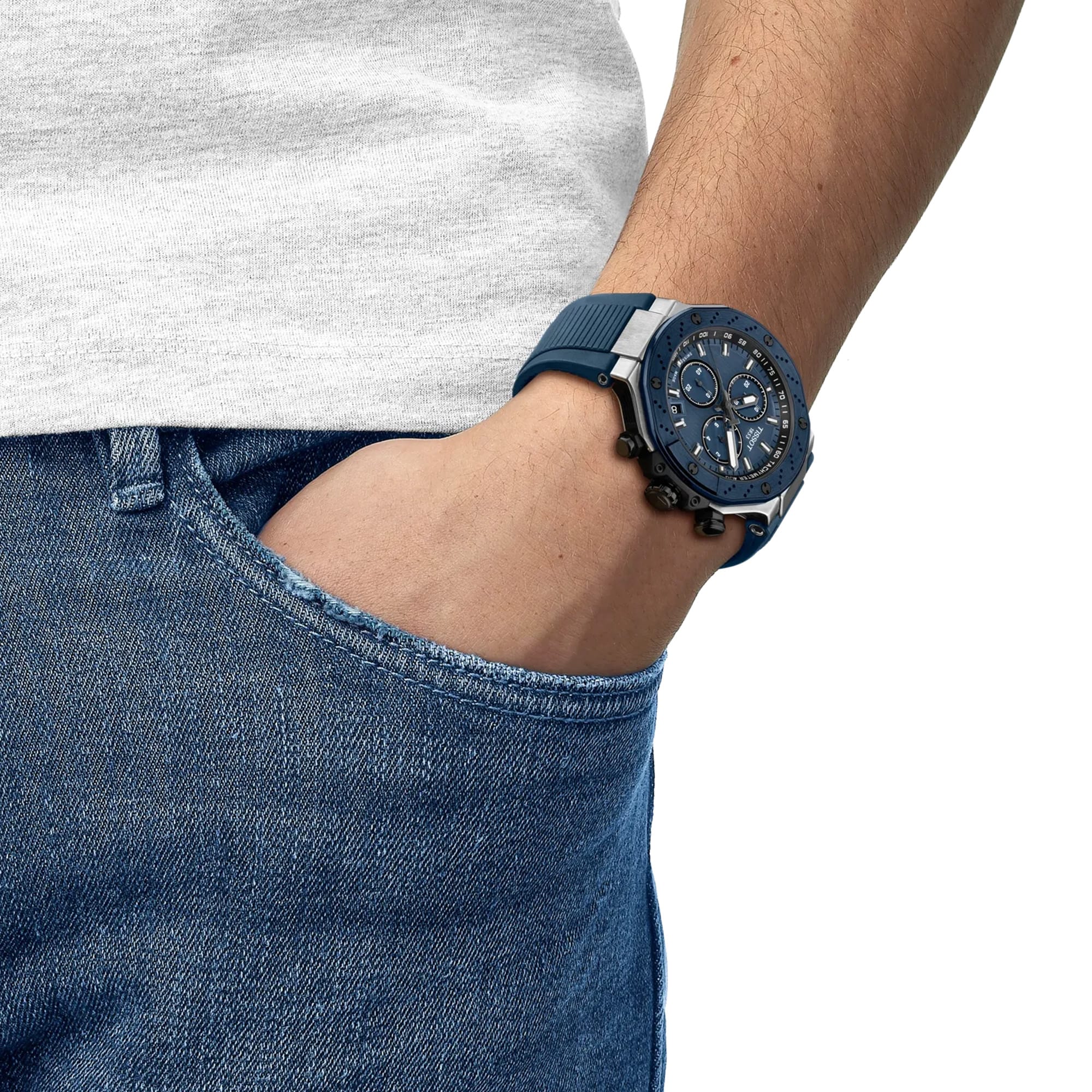 Tissot T-Race 45mm T141.417.27.041.00 worn on wrist – blue chronograph dial, black PVD case, blue silicone strap, bold 45mm sport watch presence shown on wrist