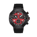Tissot T-Race MotoGP 2026 45mm T141.417.37.422.00 front view – red dial, black PVD stainless steel case, Arabic numerals, chronograph subdials, date window, black silicone strap