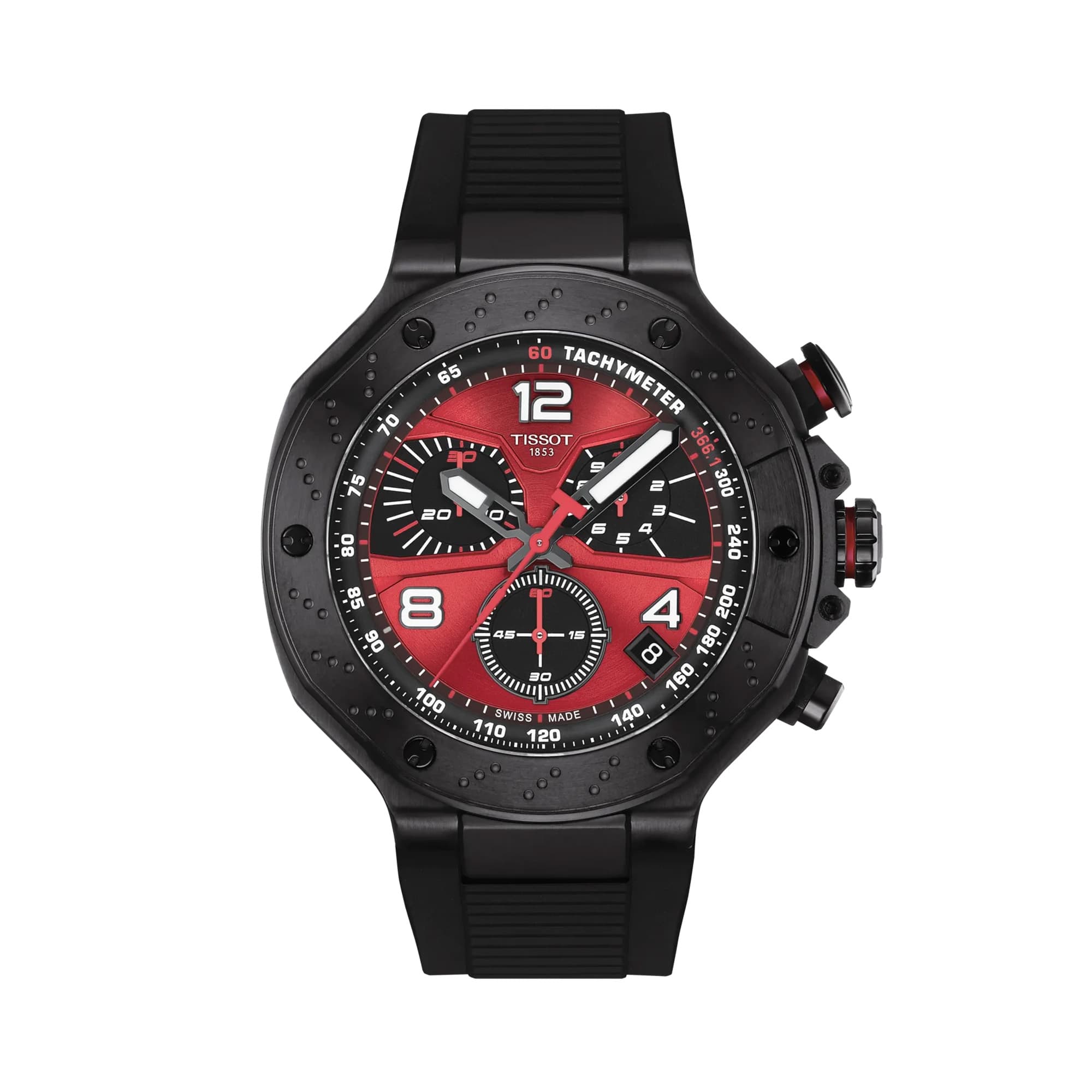 Tissot T-Race MotoGP 2026 45mm T141.417.37.422.00 front view – red dial, black PVD stainless steel case, Arabic numerals, chronograph subdials, date window, black silicone strap