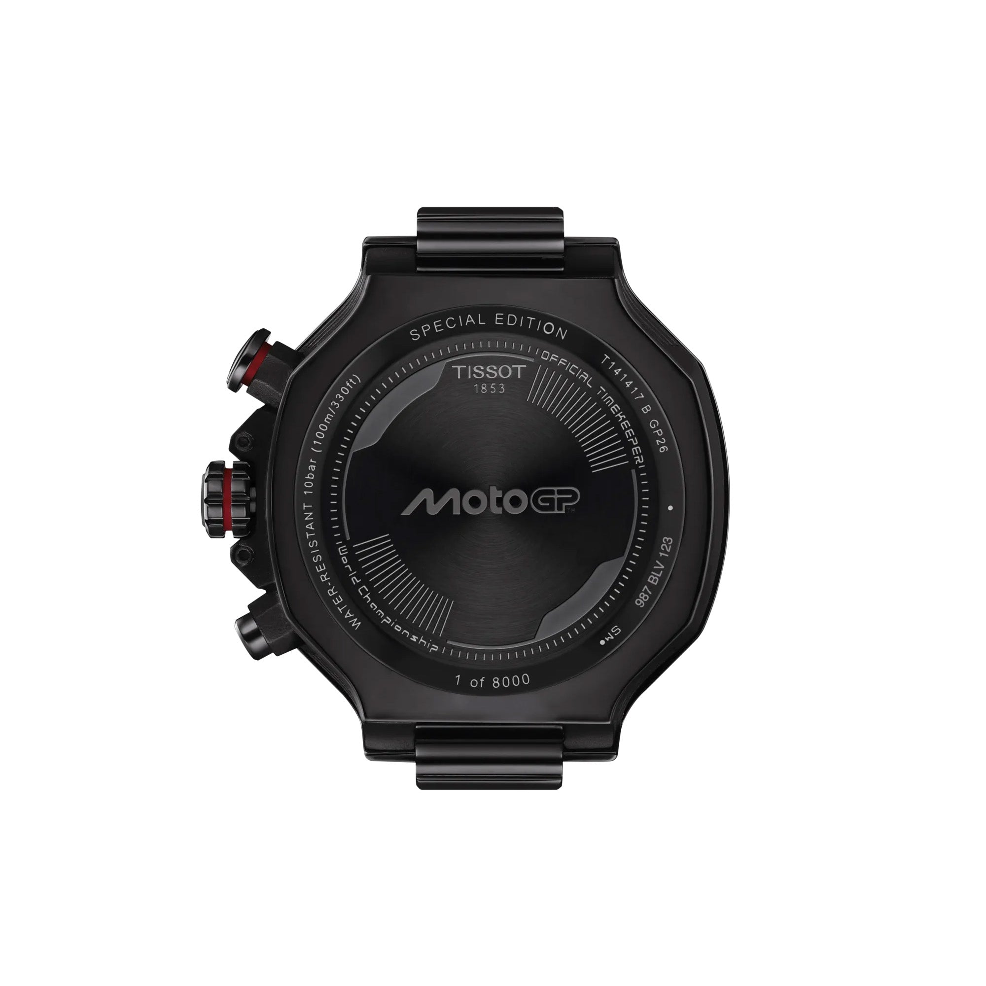 Tissot T-Race MotoGP 2026 45mm T141.417.37.422.00 engraved caseback – 316L stainless steel with black PVD coating, Limited Edition numbering, Swiss made, water resistant to 100m