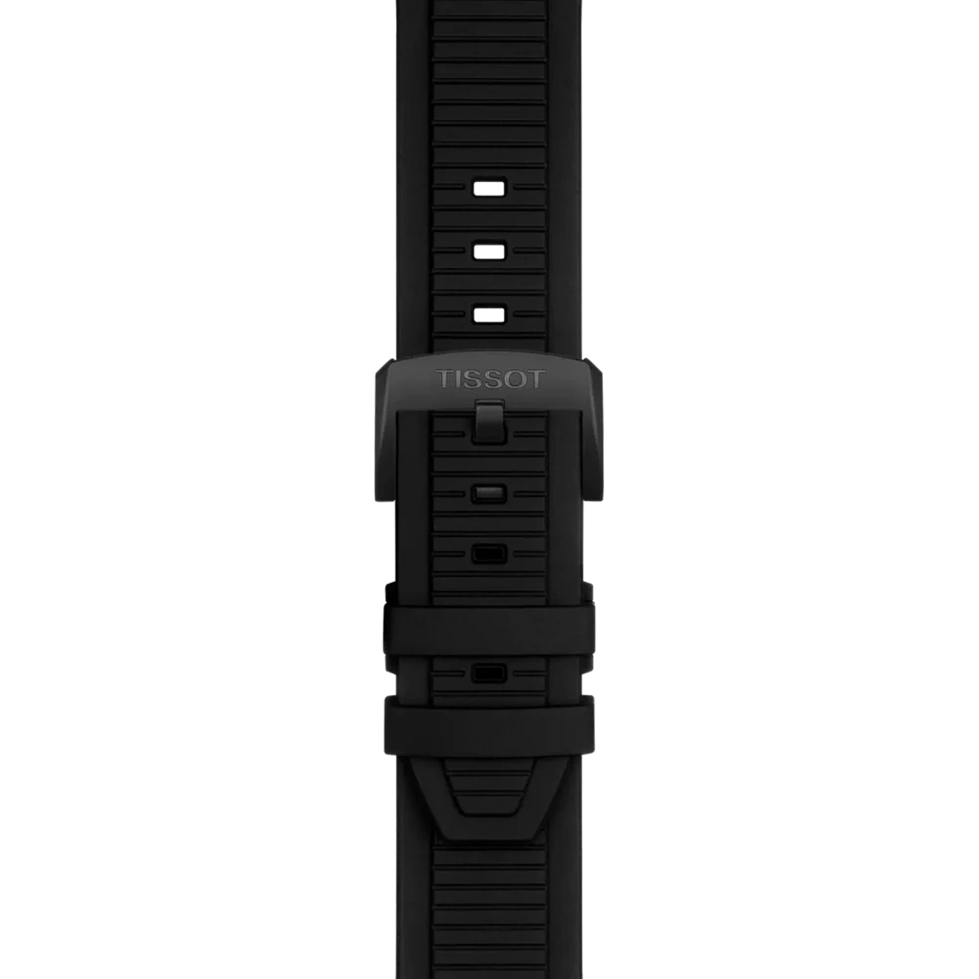 Tissot T-Race MotoGP 2026 45mm T141.417.37.422.00 strap detail – black silicone strap with standard buckle, MotoGP-inspired design detailing
