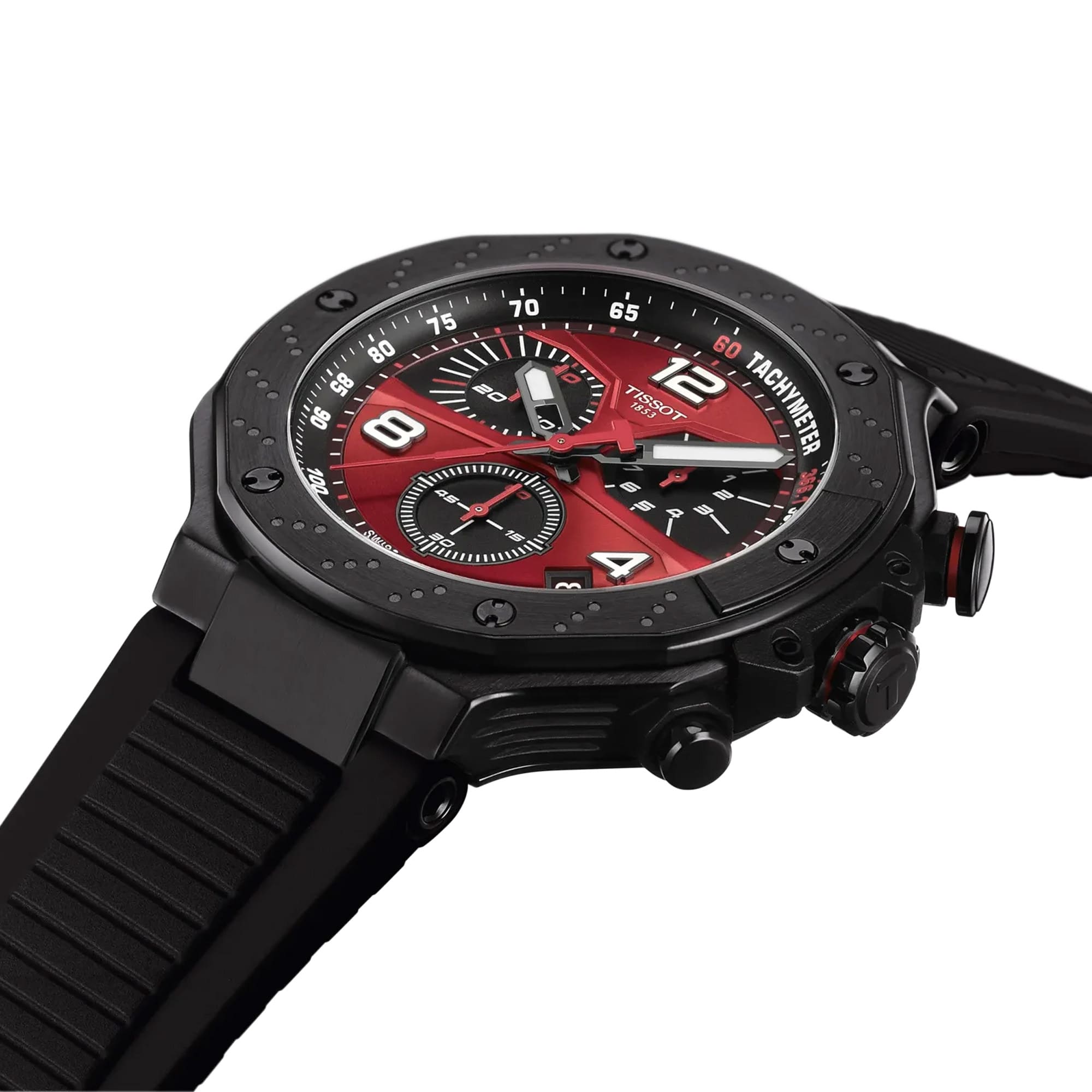 Tissot T-Race MotoGP 2026 45mm T141.417.37.422.00 front view – red dial, black PVD stainless steel case, Arabic numerals, chronograph subdials, date window, black silicone strap