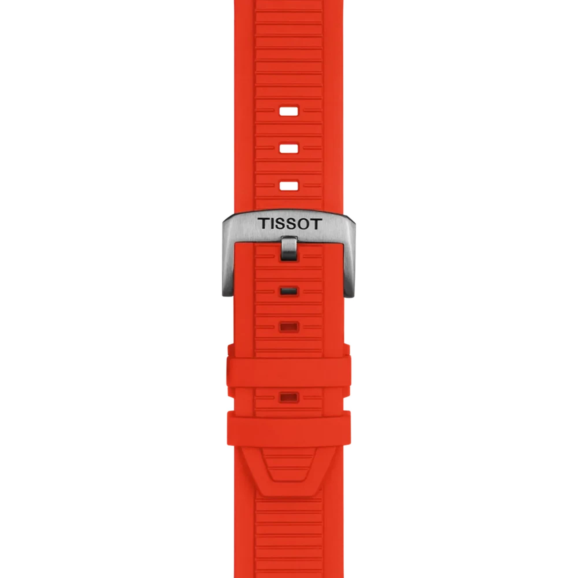 Tissot T-Race MotoGP 2026 45mm T141.462.27.051.00 strap detail – red nitrile rubber strap with standard buckle, motorcycle engine-inspired texture and design