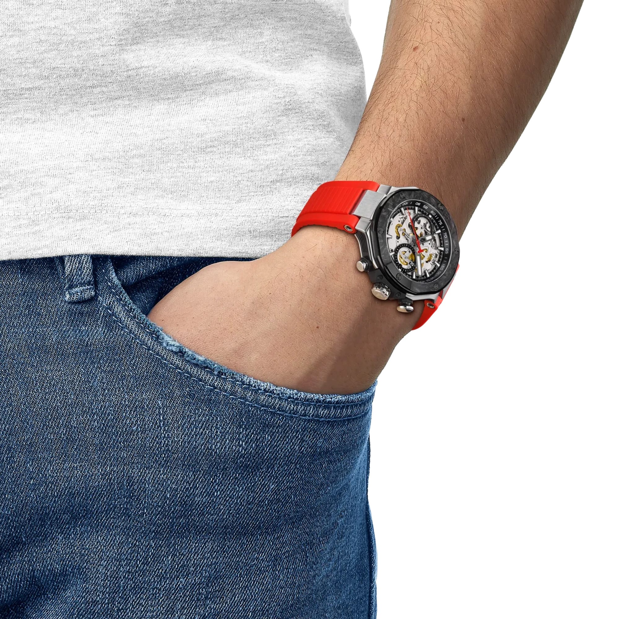 Tissot T-Race MotoGP 2026 45mm T141.462.27.051.00 worn on wrist – black skeleton chronograph dial, black PVD case, red rubber strap, bold 45mm Limited Edition presence on wrist