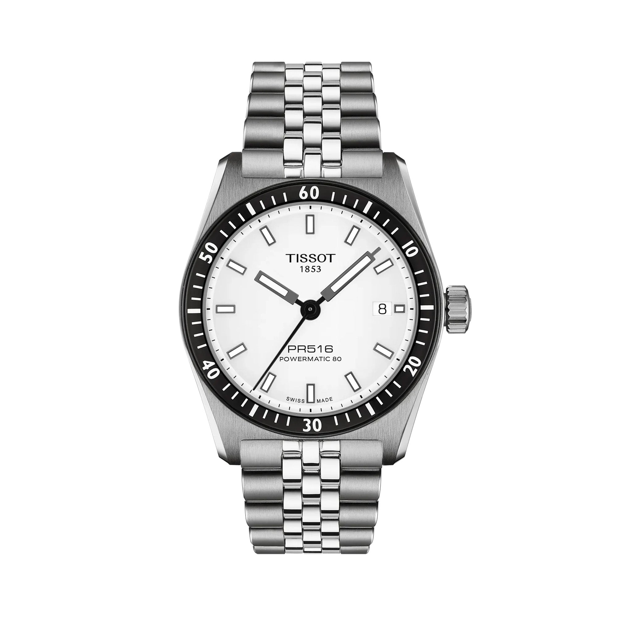 Tissot PR516 Automatic 38mm T149.407.11.031.00 front view – white dial, PVD stainless steel case, mineral bezel ring, index hour markers, date window, grey stainless steel bracelet