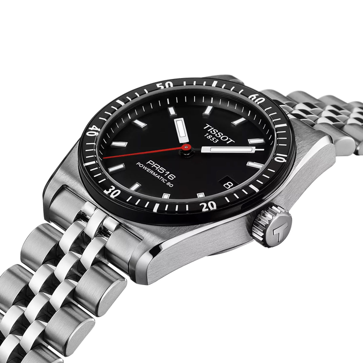 Tissot PR516 38mm T149.407.11.051.00 front view – black dial, 316L stainless steel case, mineral bezel ring with 60-minute scale, Super-LumiNova® indexes and hands, date window, stainless steel bracelet