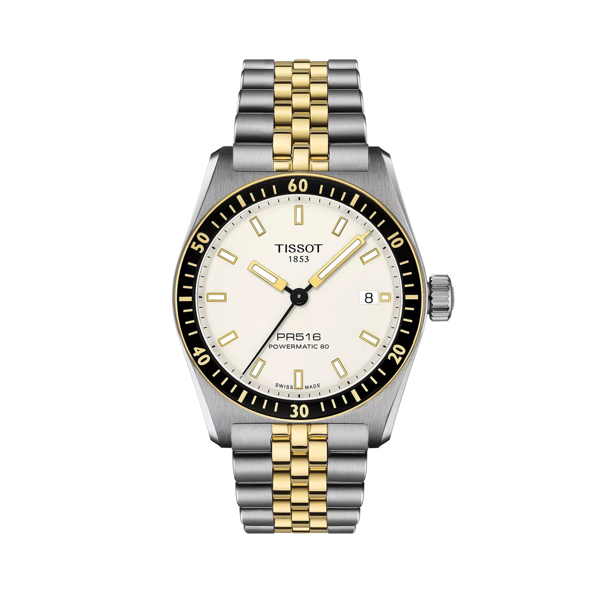 Tissot PRS16 Powermatic 80 watch with a two-tone stainless steel and gold bracelet, featuring a cream-colored dial and a black rotating bezel.