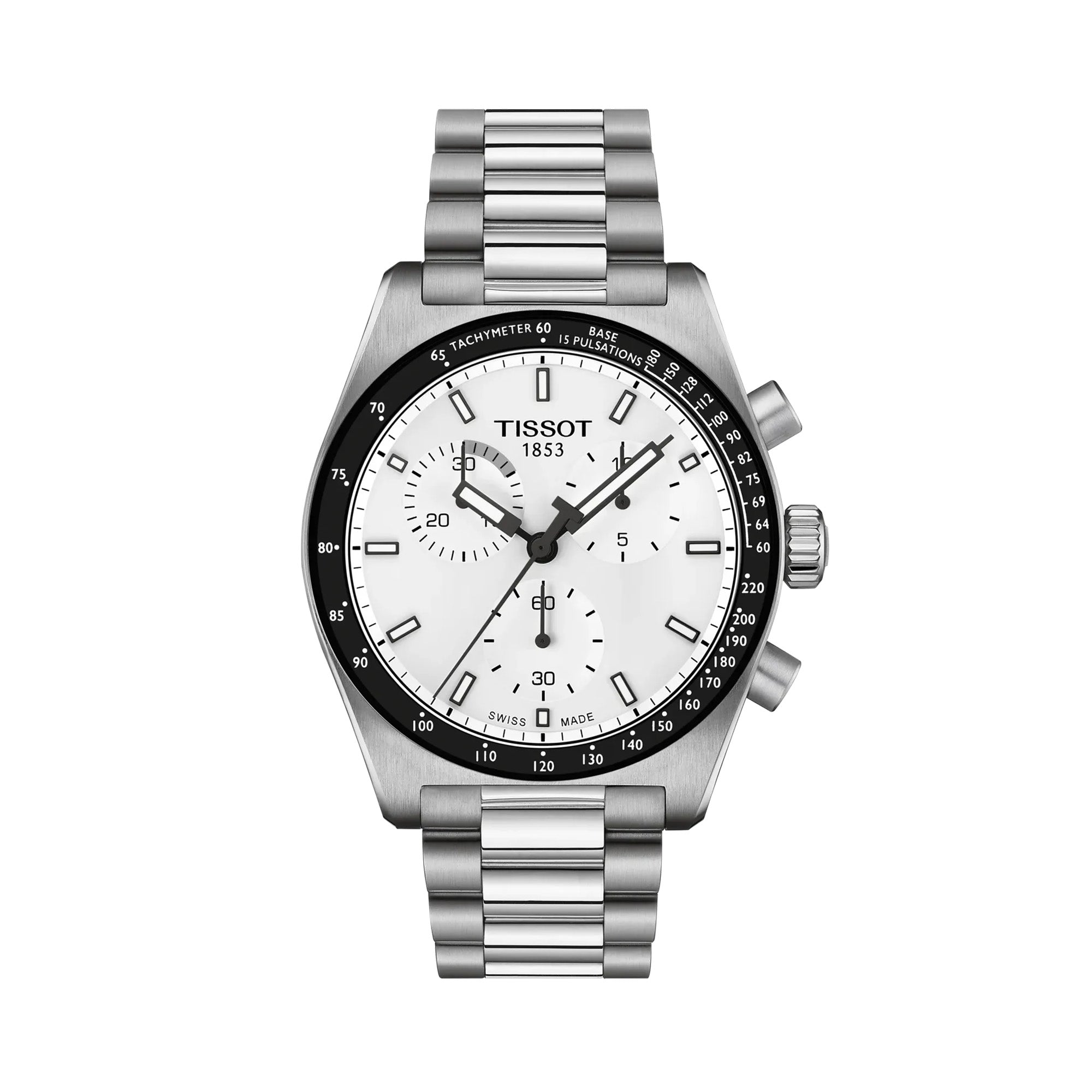 Tissot PR516 Chronograph 40mm T149.417.11.011.00 front view – white dial, PVD stainless steel case, tachymeter bezel, chronograph subdials, date window, grey stainless steel bracelet