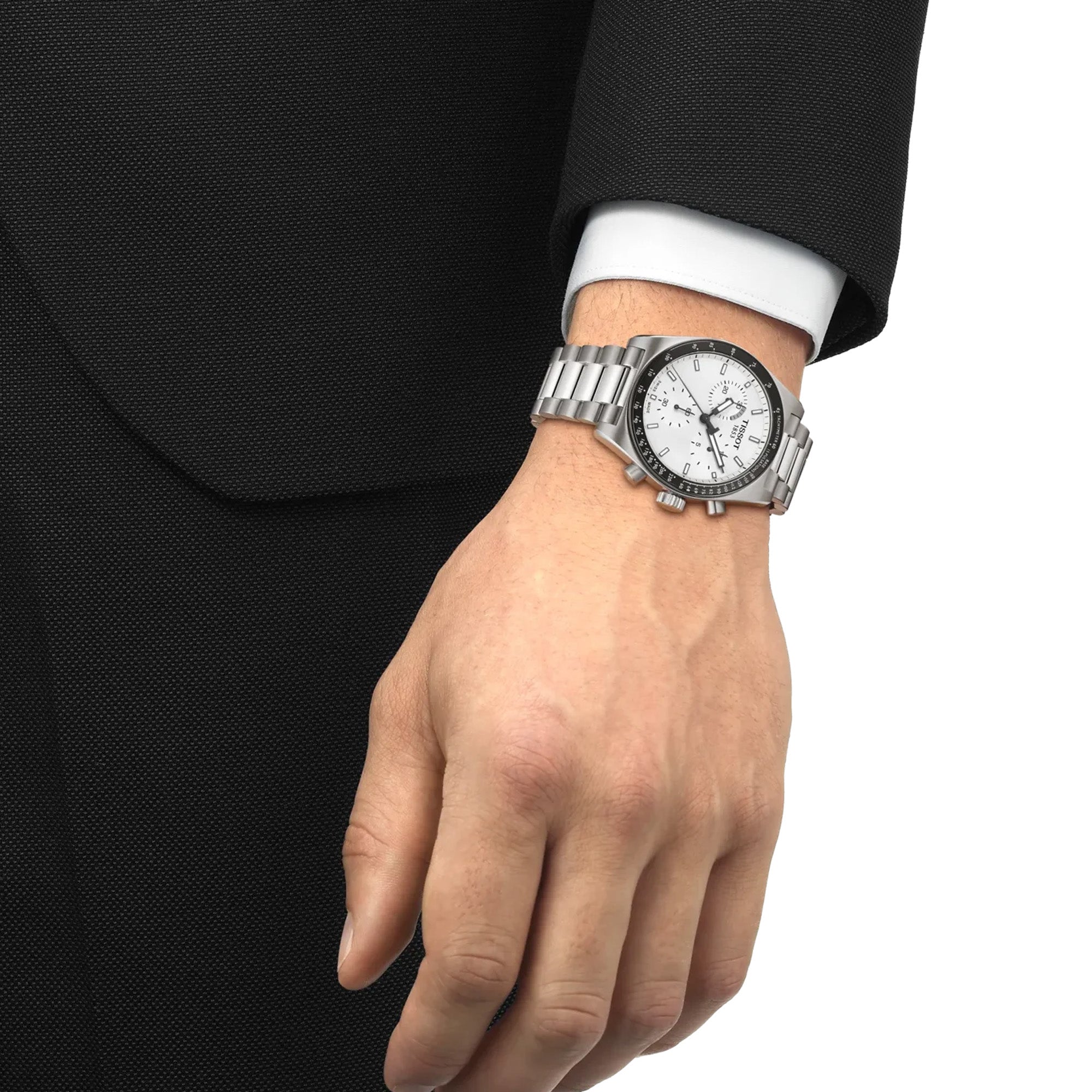 Tissot PR516 Chronograph 40mm T149.417.11.011.00 front view – white dial, PVD stainless steel case, tachymeter bezel, chronograph subdials, date window, grey stainless steel bracelet - on hand