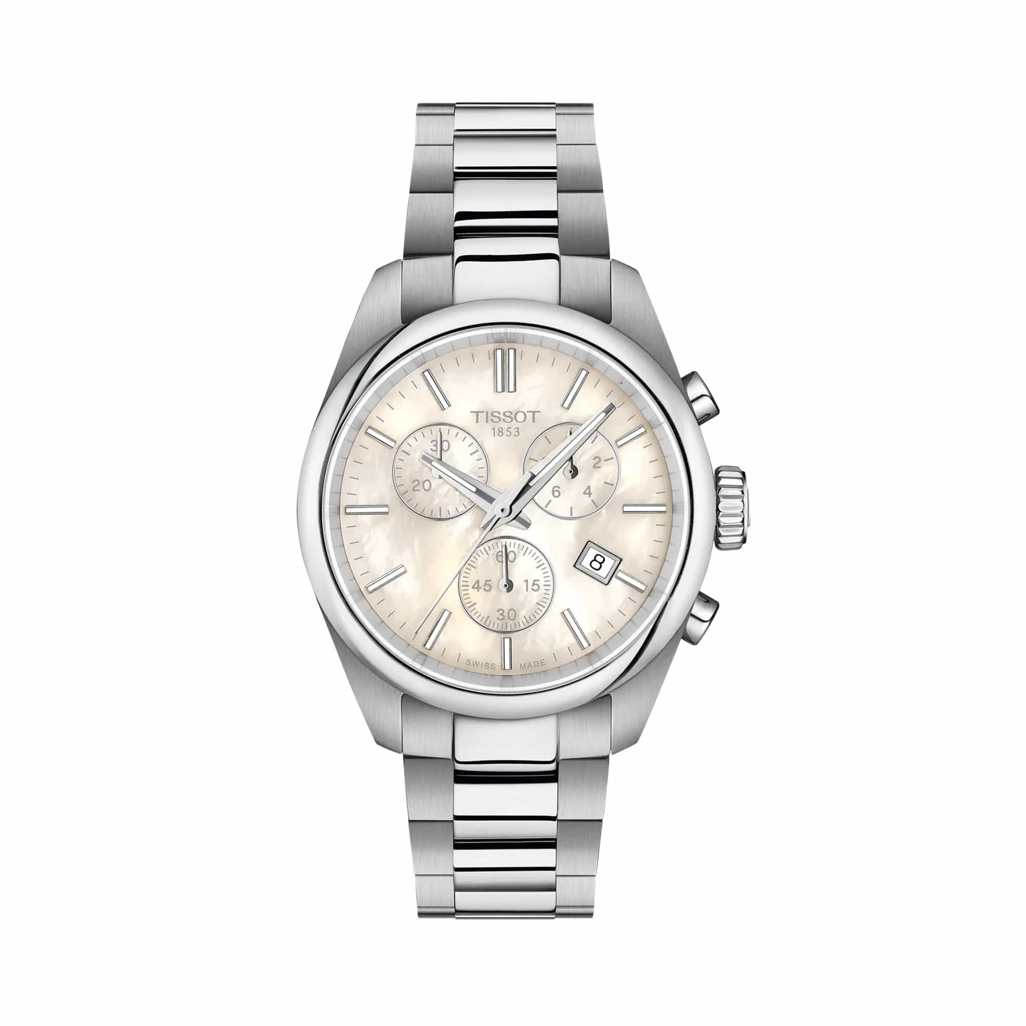 Tissot PR 100 36mm T150.217.11.111.00 front view – white mother-of-pearl dial, silver stainless steel case, needle-shaped hands, chronograph subdials, date window, grey stainless steel bracelet