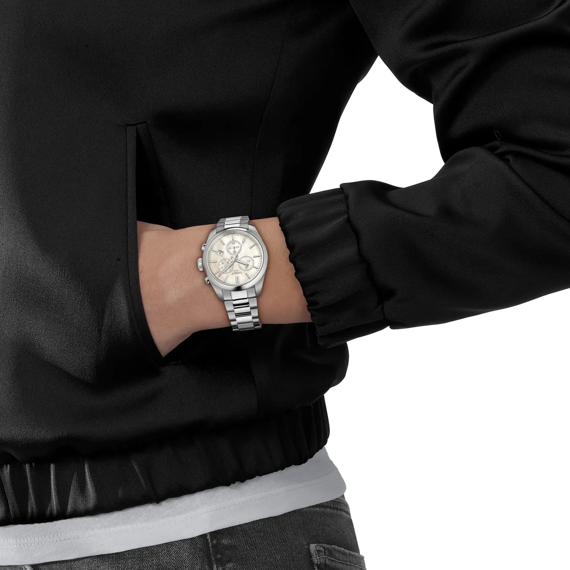 Tissot PR 100 36mm T150.217.11.111.00 worn on wrist – white mother-of-pearl chronograph dial, silver stainless steel case and bracelet, showcasing fit and scale on the wrist