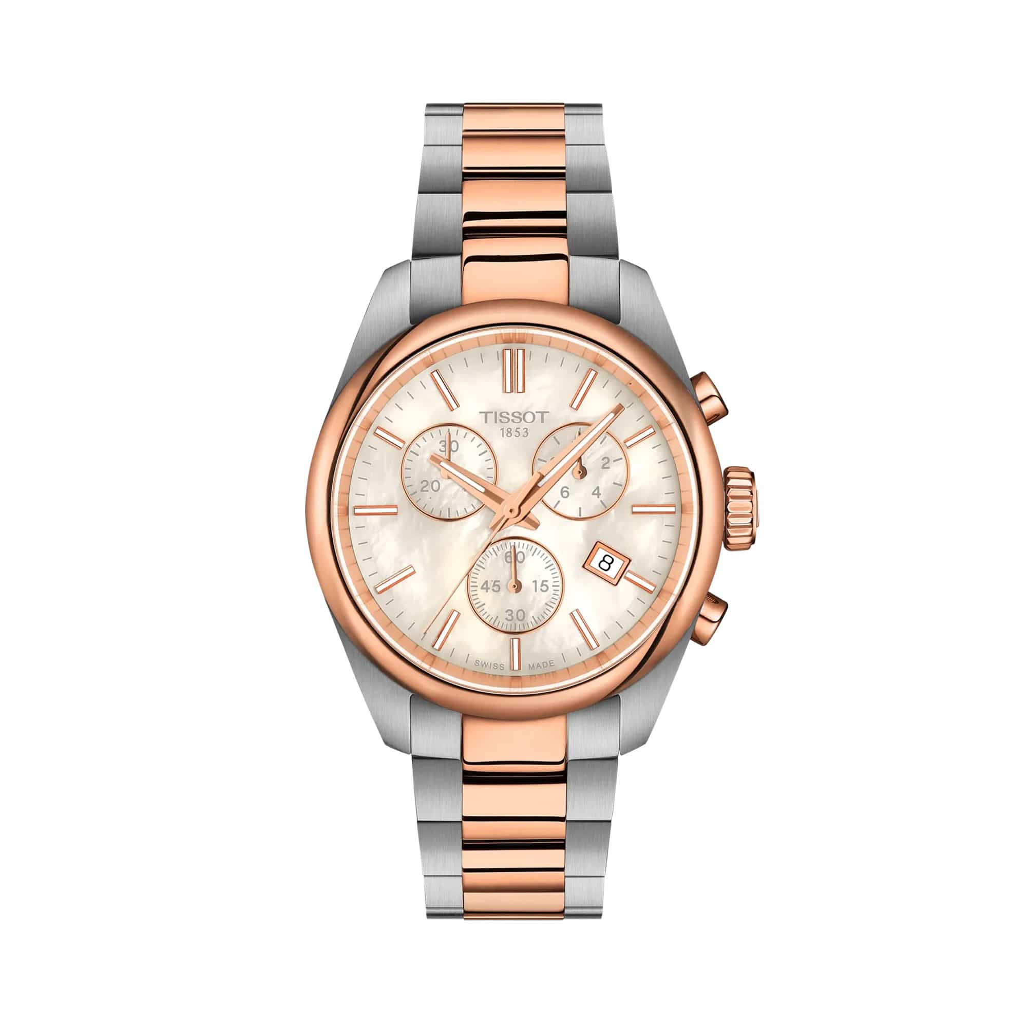 Tissot PR 100 36mm T150.217.22.111.00 front view – white mother-of-pearl dial, rose gold and steel PVD case, needle-shaped hands, chronograph subdials, date window, two-tone bracelet