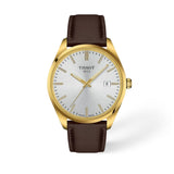 Tissot PR 100 40mm T150.410.36.391.00 front view – silver dial, 316L stainless steel case with yellow gold PVD bezel, baton hour markers, Super-LumiNova® hands, date window, brown embossed leather strap