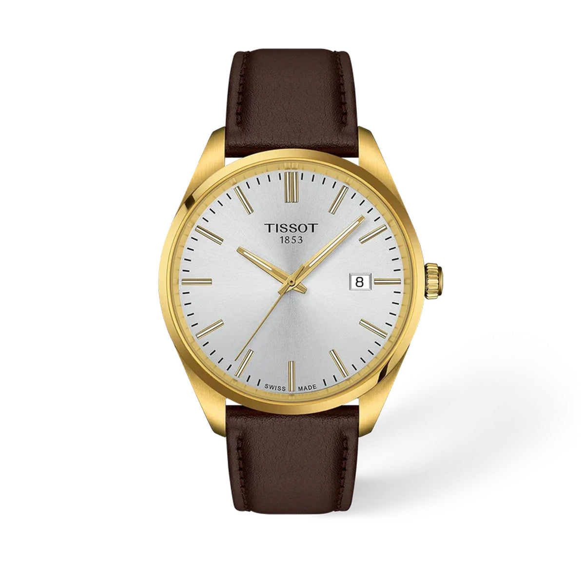 Tissot PR 100 40mm T150.410.36.391.00 front view – silver dial, 316L stainless steel case with yellow gold PVD bezel, baton hour markers, Super-LumiNova® hands, date window, brown embossed leather strap