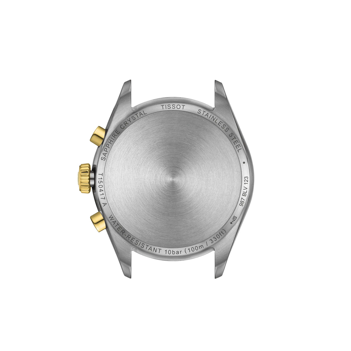 Tissot PR 100 40mm T150.417.22.041.00 caseback view – 316L stainless steel with gold PVD coating, Swiss made, water resistant to 100m, model reference T150.417.22.041.00