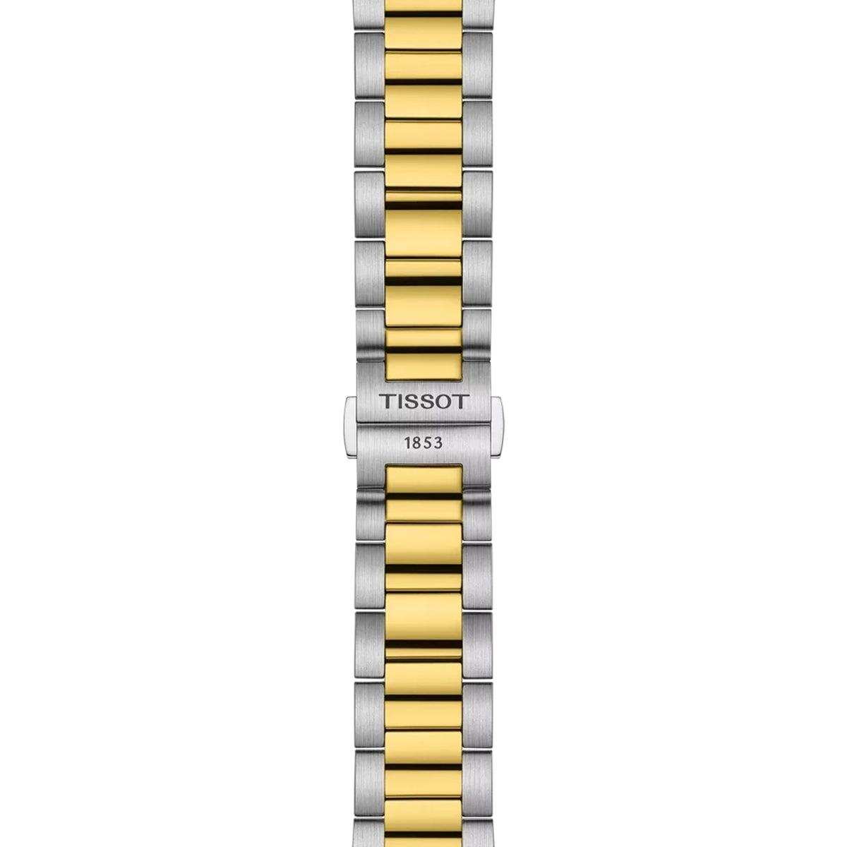 Tissot PR 100 40mm T150.417.22.041.00 bracelet detail – two-tone grey and golden PVD stainless steel bracelet with butterfly clasp, push-buttons and interchangeable quick-release system