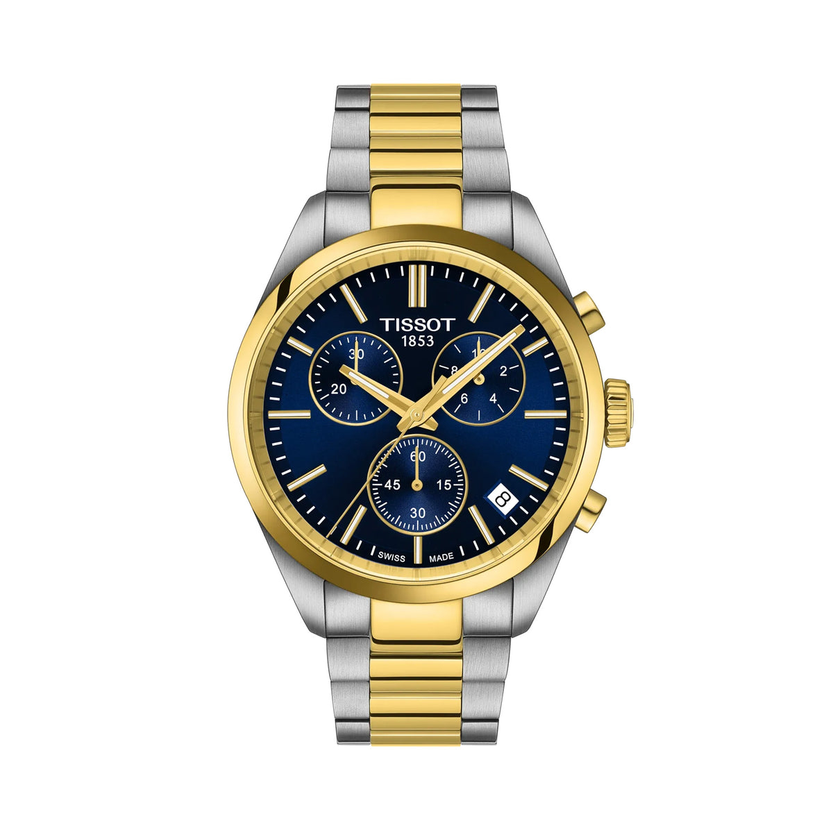 Tissot PR 100 40mm T150.417.22.041.00 front view – blue dial, two-tone grey and gold PVD stainless steel case, index hour markers, Super-LumiNova® needle hands, chronograph subdials, date window, two-tone bracelet