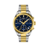Tissot PR 100 40mm T150.417.22.041.00 front view – blue dial, two-tone grey and gold PVD stainless steel case, index hour markers, Super-LumiNova® needle hands, chronograph subdials, date window, two-tone bracelet