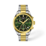Tissot PR 100 40mm T150.417.22.091.00 front view – green dial, two-tone grey and gold PVD stainless steel case, index hour markers, Super-LumiNova® needle hands, chronograph subdials, date window, two-tone bracelet