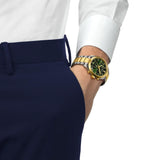 Tissot PR 100 40mm T150.417.22.091.00 worn on wrist – green chronograph dial, two-tone grey and gold PVD case and bracelet, clean 40mm quartz chronograph shown on wrist