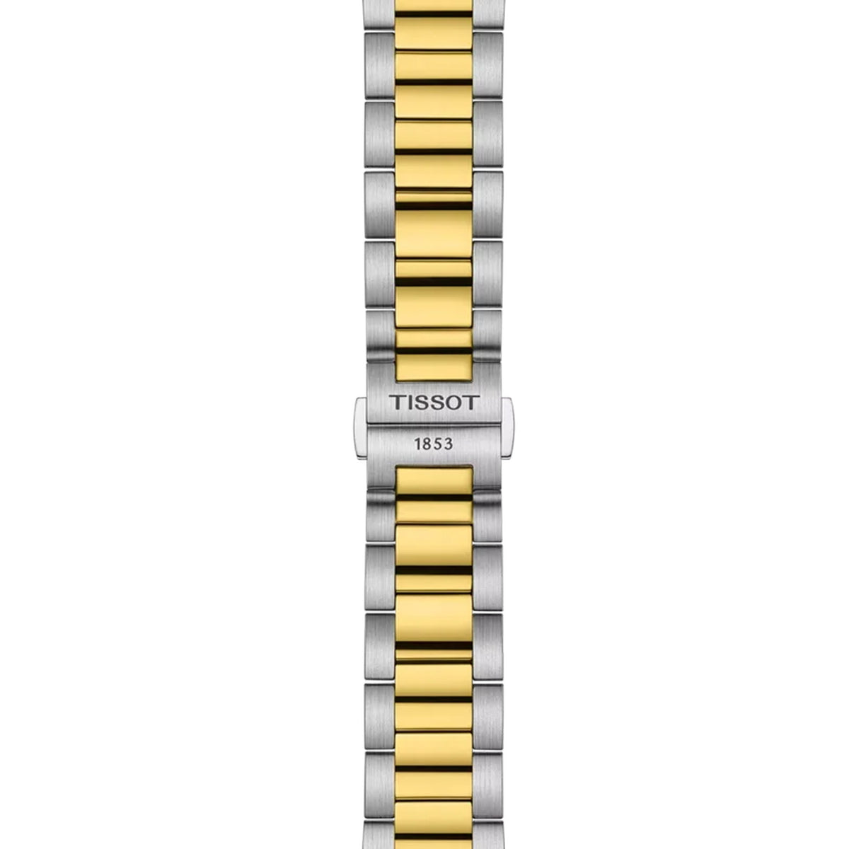 Tissot PR 100 40mm T150.417.22.091.00 bracelet detail – two-tone grey and gold PVD stainless steel bracelet with folding clasp and interchangeable quick-release system