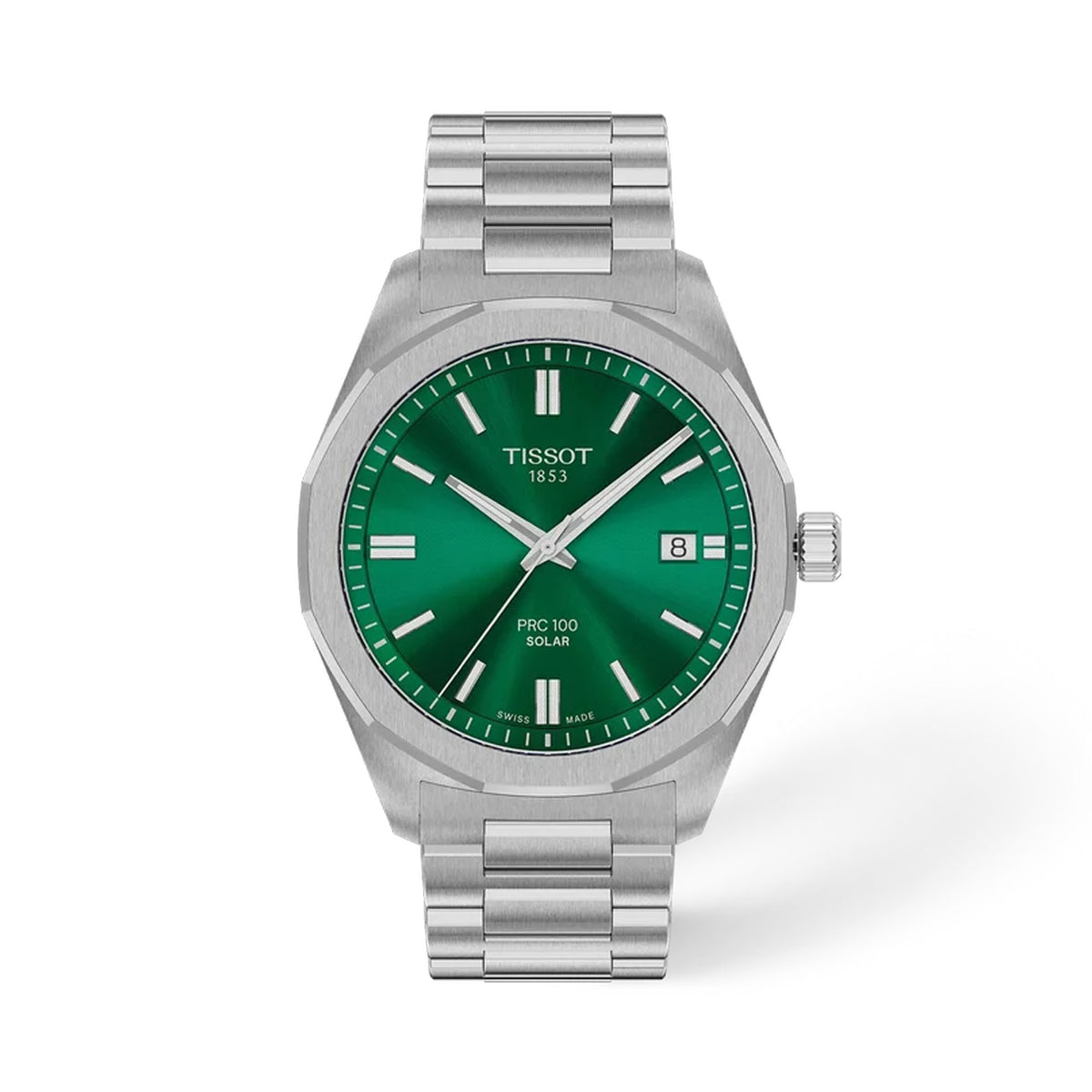 Tissot PRC 100 Solar 39mm T151.422.11.091.00 front view – green dial, 316L stainless steel case, dodecagonal bezel, index hour markers, Super-LumiNova® hands, date window, stainless steel bracelet