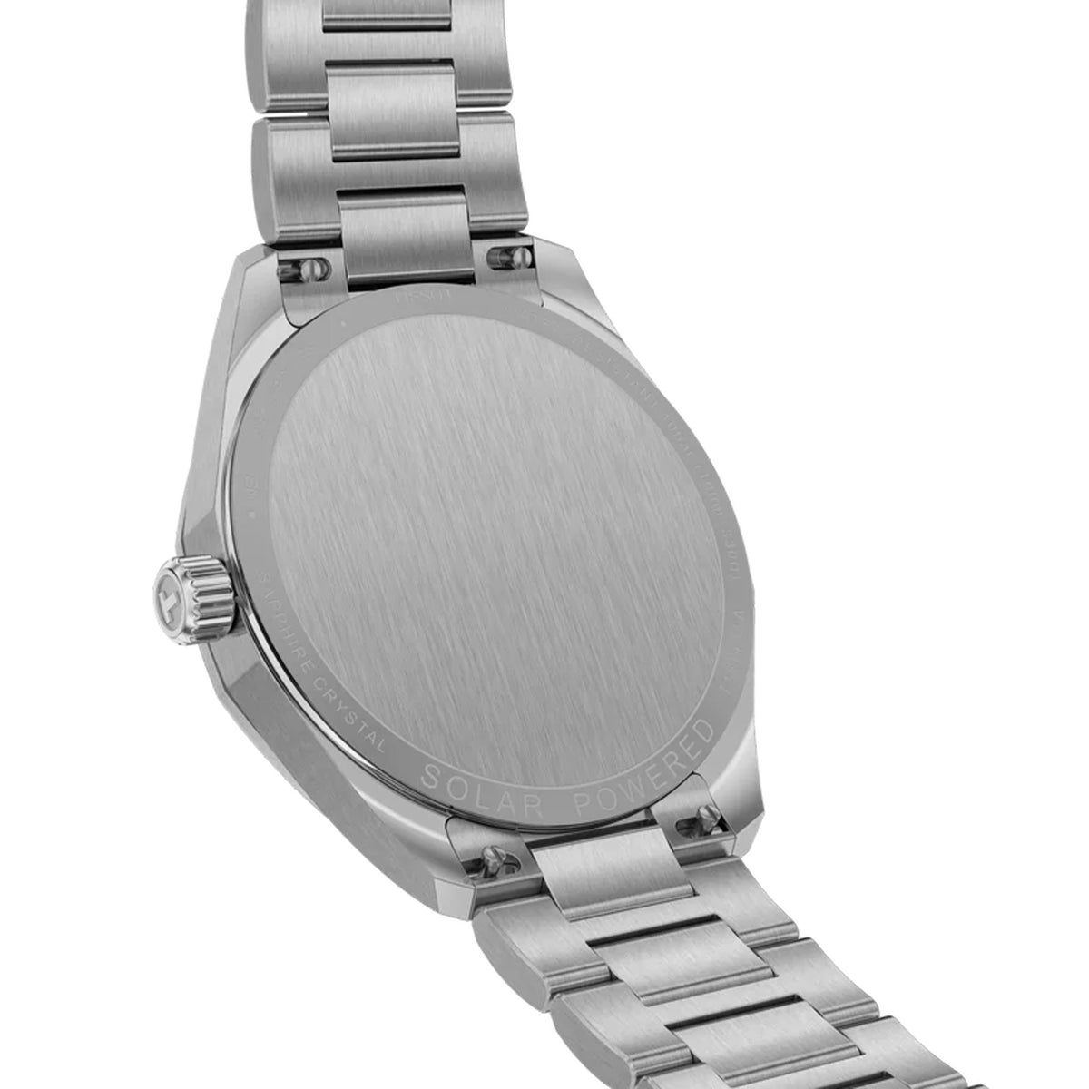 Tissot PRC 100 Solar 39mm T151.422.11.091.00 caseback view – 316L stainless steel, Swiss made Lightmaster Solar Quartz movement, water resistant to 100m, model reference T151.422.11.091.00